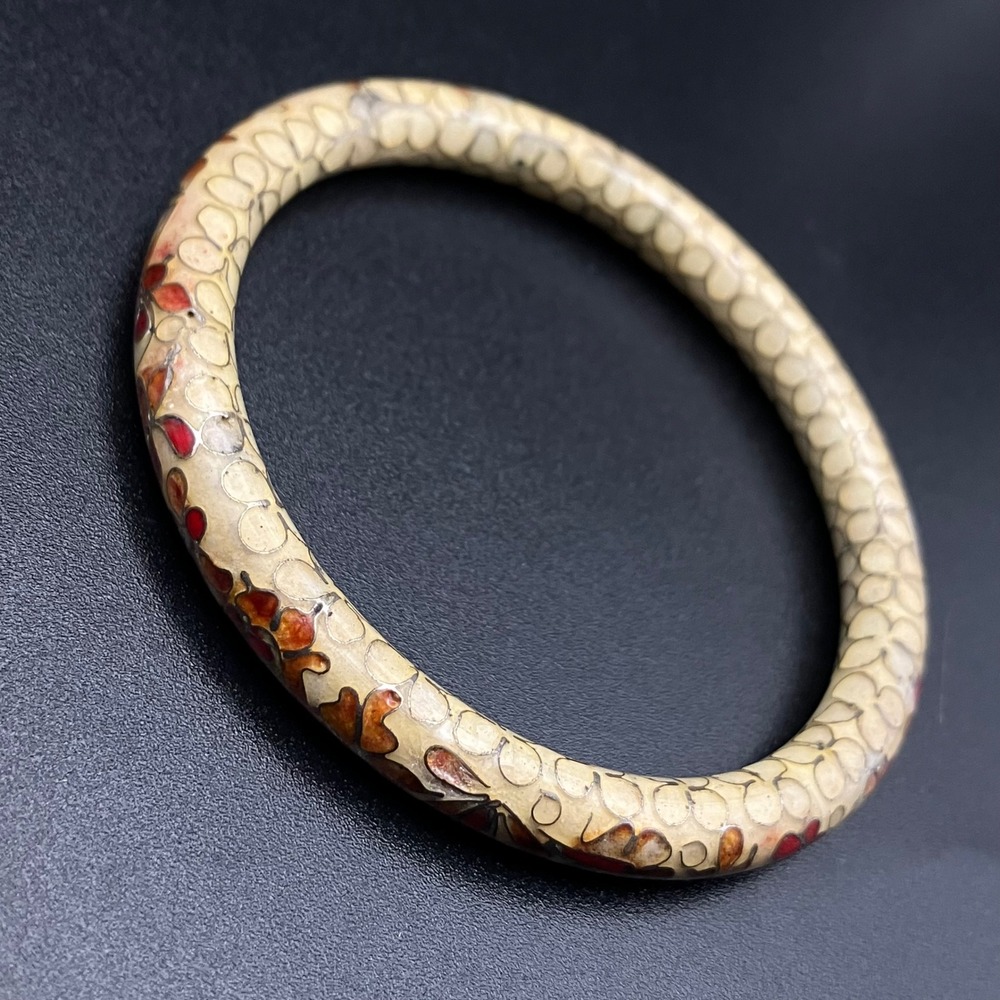 Vintage Cloisonné Enamel Bangle Bracelet Cream Red Orange Floral 7.5 Inch - Picture 5 of 8